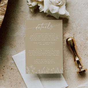 Boho warme beige wilde bloem huwelijksdetails  informatiekaartje