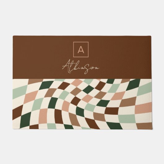 Boho Warped Checkerboard gepersonaliseerd monogram Deurmat (Voorkant)