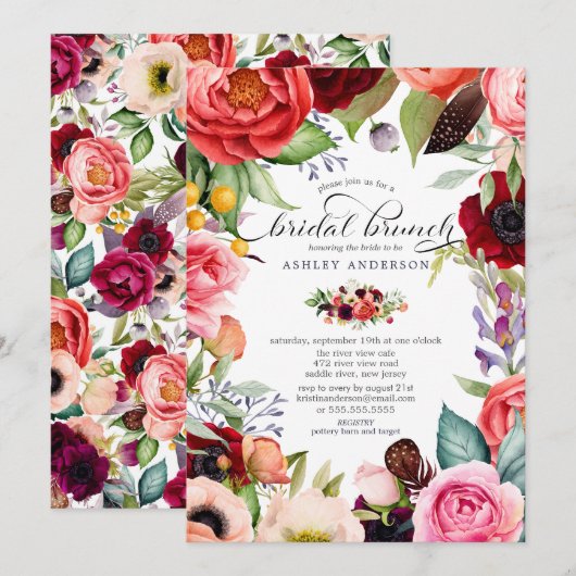 Boho Watercolor Bloemen Bruids Brunch Kaart (Voorkant / Achterkant)