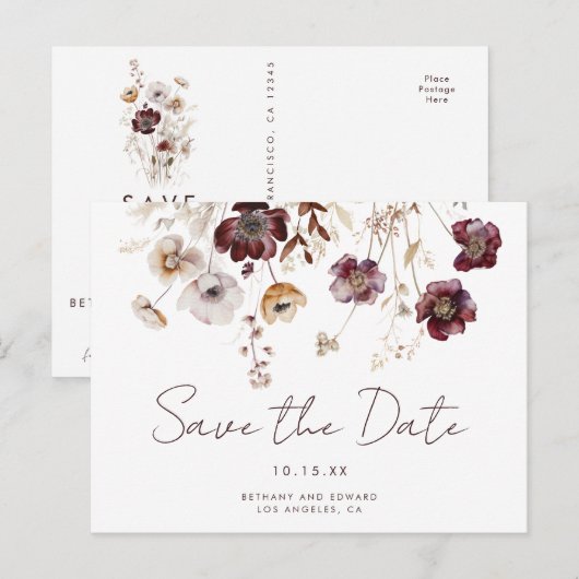 Boho Watercolor Bloemen Bruiloft Save the Date Briefkaart (Voorkant / Achterkant)