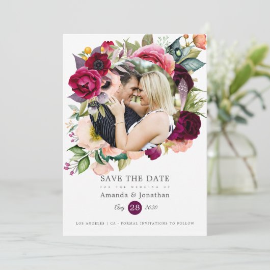 Boho Watercolor Bloemen Bruiloftsfoto Save The Date (Staand voorkant)