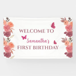 Boho  Watercolor Bloemen Eerste Verjaardag  Spandoek