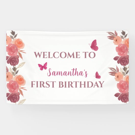 Boho Watercolor Bloemen Eerste Verjaardag Spandoek (Horizontaal)