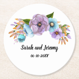 Boho Watercolor Bloemen Lilac & Teal Maatwerk Ronde Kartonnen Onderzetter