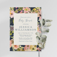 Boho Watercolor Bloemen Navy en Blush Baby Shower