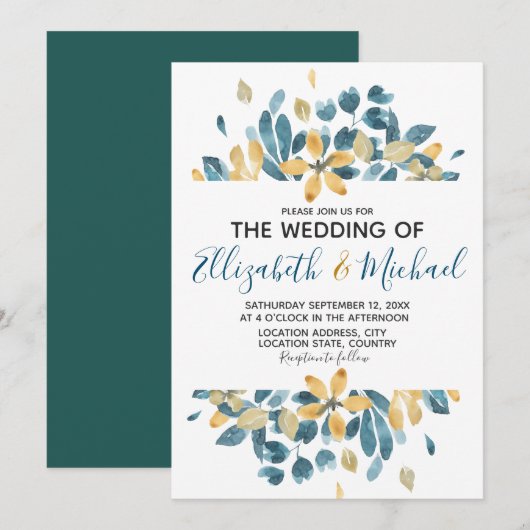 Boho Watercolor Bloemen Teal Geel bruiloft Kaart (Voorkant / Achterkant)