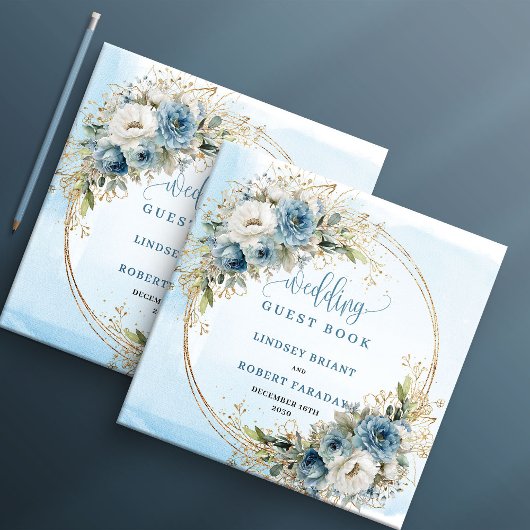 Boho Watercolor Blue Flowers Gold Guest Book Gastenboek