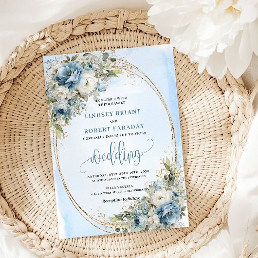 Boho Watercolor Blue Flowers Gold Wedding Invite Kaart