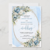 Boho Watercolor Blue Flowers Gold Wedding Invite Kaart (Voorkant)