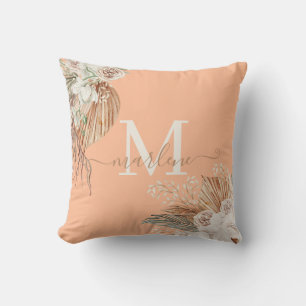 Boho Watercolor Boeket Monogram Roze Fuzz Kussen