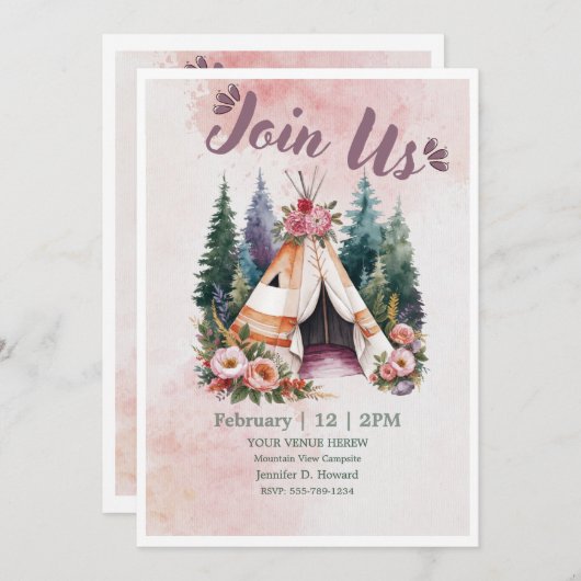 Boho Watercolor Camping Uitnodiging (Voorkant / Achterkant)