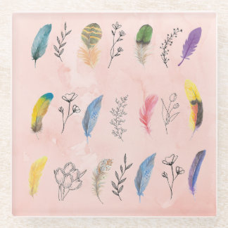 Boho Watercolor Feathers with Floral Line Drawings Glazen Onderzetter