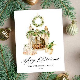 Boho Watercolor Fireplace With Greenery Non-Foto Feestdagenkaart