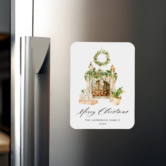 Boho Watercolor Fireplace With Greenery Non-Foto Magneet