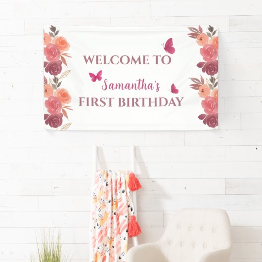 Boho Watercolor Floral First Birthday Spandoek (Insitu)