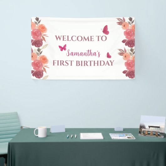 Boho  Watercolor Floral First Birthday  Spandoek (Beurs)