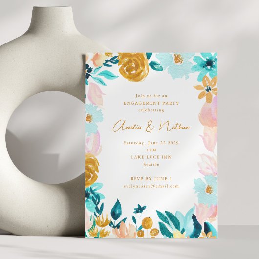 Boho Watercolor Floral Modern Engagement Party Kaart
