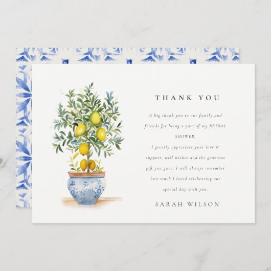 Boho Watercolor Geel Citroenboom Bruidsdouche Bedankkaart (Voorkant / Achterkant)