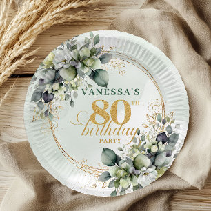Boho Watercolor Groen Goud 80ste Verjaardag Borden Papieren Bordje