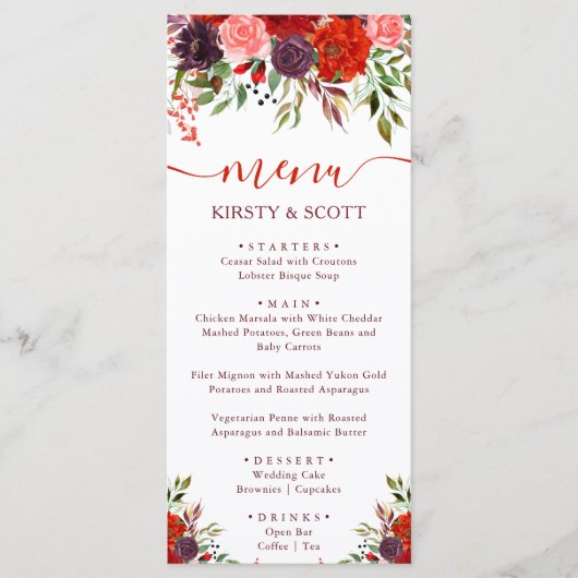 Boho Watercolor Herfst Bloemen Bruiloftsmenu Menu (Voorkant)