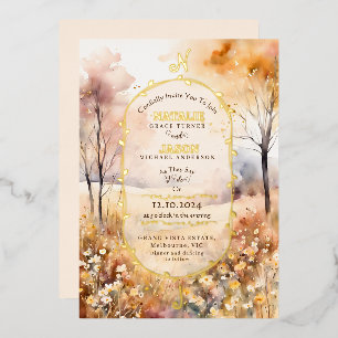 Boho Watercolor Herfst Natuur Monogram Trouw Folie Uitnodiging