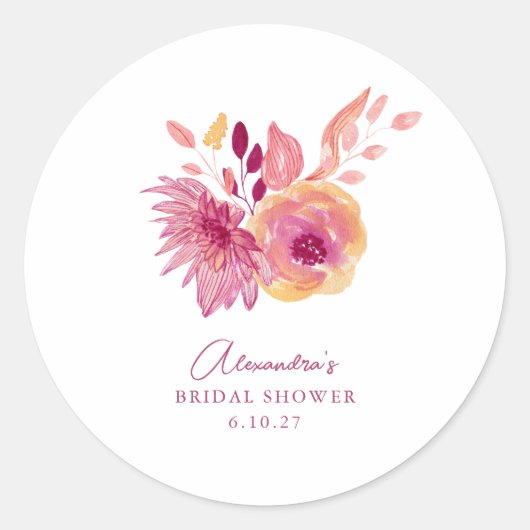 Boho Watercolor Magenta Rode Bloemen Bruidsdouche Ronde Sticker (Voorkant)