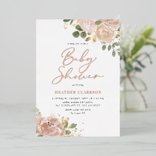 Boho Watercolor Mauve Perzik Bloemen Baby Shower Folie Uitnodiging
