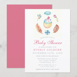 Boho Watercolor Meisje Baby Shower met Vogeltje Ku Kaart
