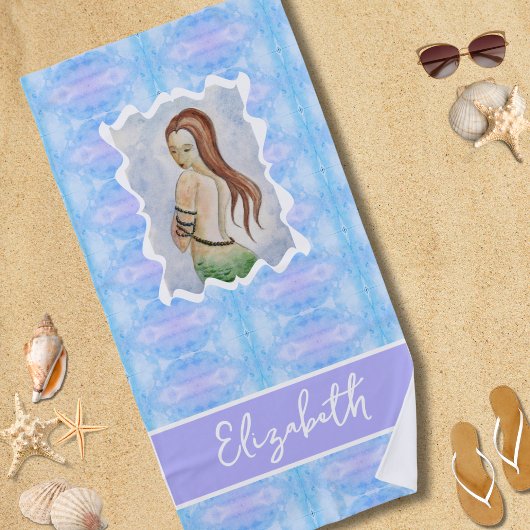 Boho Watercolor Mermaid Personalized Strandlaken