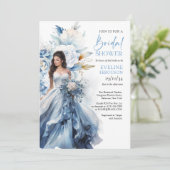 Boho watercolor navy and white flower bridal dress kaart (Staand voorkant)