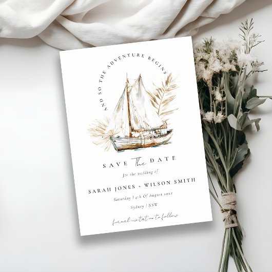 Boho Watercolor Palm Zeilboot Zeegezicht Trouwen  Save The Date