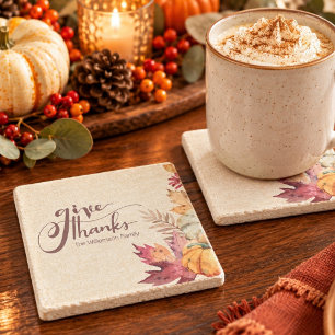 Boho Watercolor Pompoen & Bladeren Thanksgiving Stenen Onderzetter