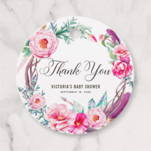 Boho Watercolor Roze Pioen Wreath Bedankt Bedankjes Labels