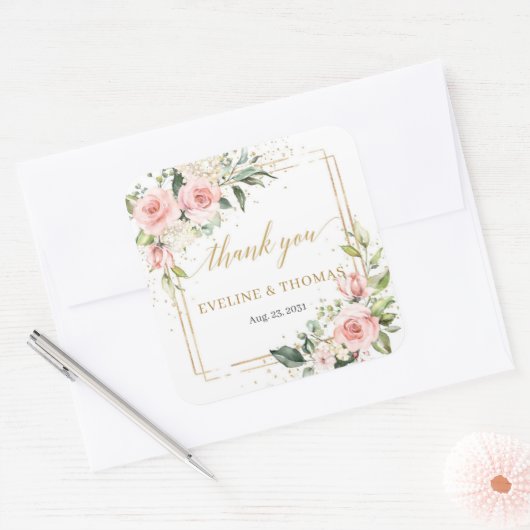 Boho watercolor roze rozen bruiloft vierkante sticker (Envelop)