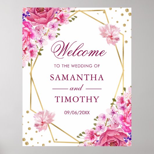 Boho Watercolor Roze Rozen Trouw Welkom Poster (Voorkant)