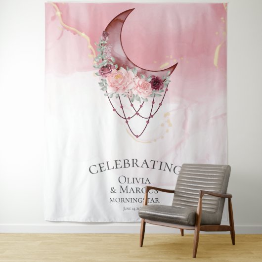 Boho Watercolor Stof Roze Hemels Wandkleed (In situ)