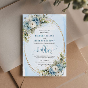 Boho Watercolor Stofblauw Bloemig Goud Bruiloft Kaart