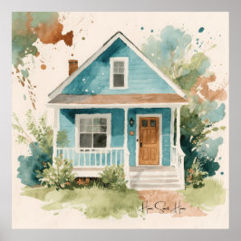Boho Watercolor Teal Blauwe Huis  Poster