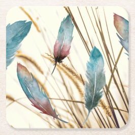 Boho Watercolor Turquoise & Roze Veren en Gras Kartonnen Onderzetters
