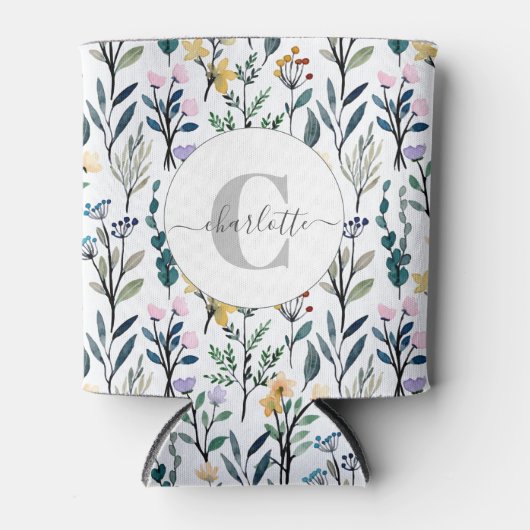 Boho Watercolor Wildebloemen Patroon Monogram Naam Blikjeskoeler (Voorkant)