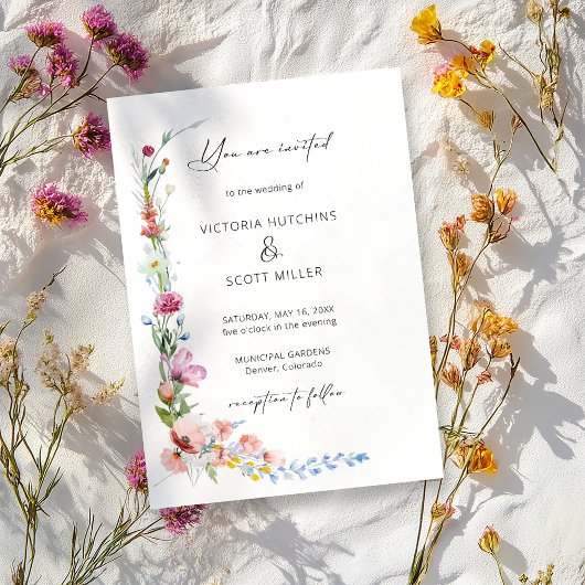 Boho Watercolor Wildflower Calligraphy Wedding     Kaart