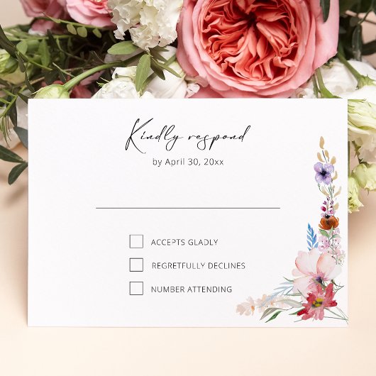 Boho Watercolor Wildflower Calligraphy Wedding RSVP Kaartje