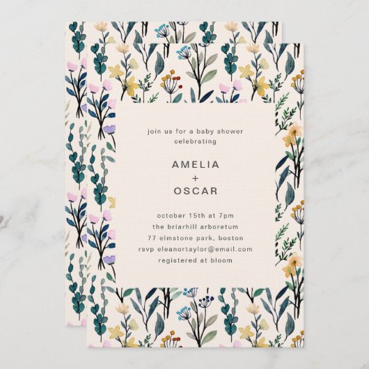 Boho Watercolor Wildflower Couples Baby Shower  Kaart (Voorkant / Achterkant)