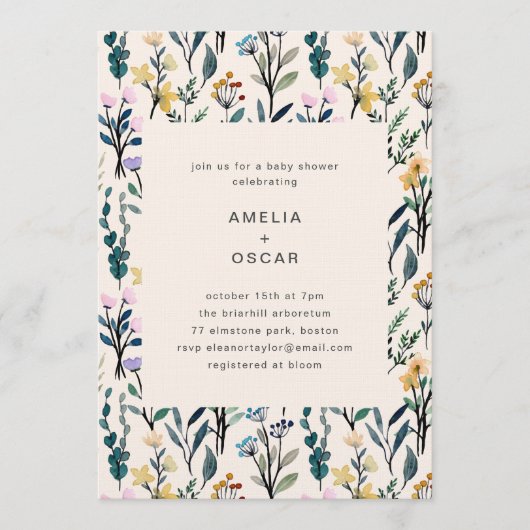 Boho Watercolor Wildflower Couples Baby Shower  Kaart (Voorkant)