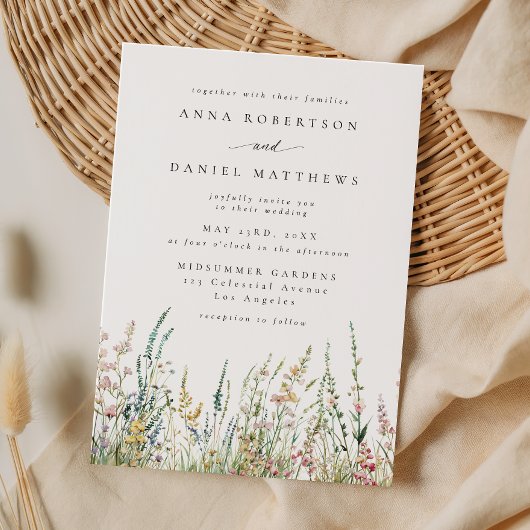 Boho Watercolor Wildflower Field Wedding Kaart
