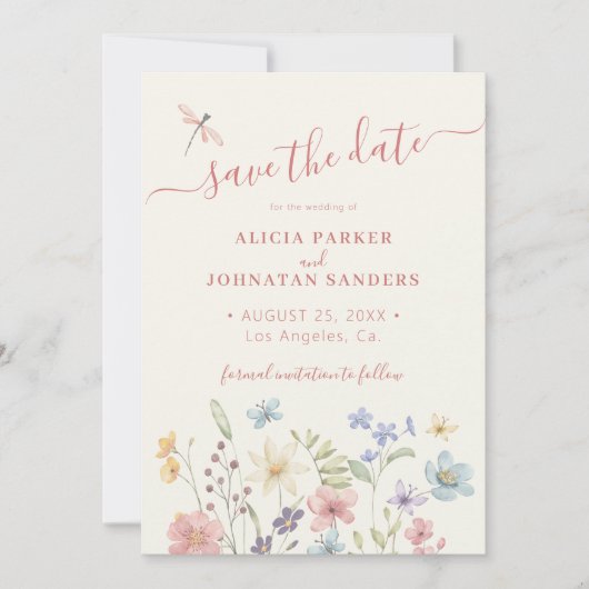 Boho watercolor wildflower wedding save the date (Voorkant)