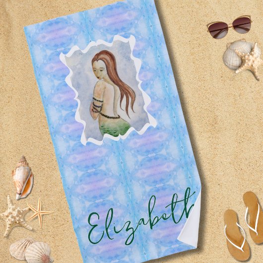 Boho Watercolor Zeemeermin Gepersonaliseerd Strandlaken