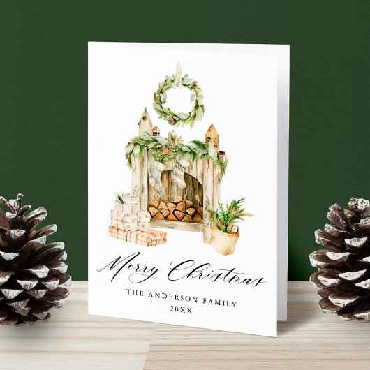 Boho-waterlijstschildering Haard Met Groene Elemen Feestdagen Kaart