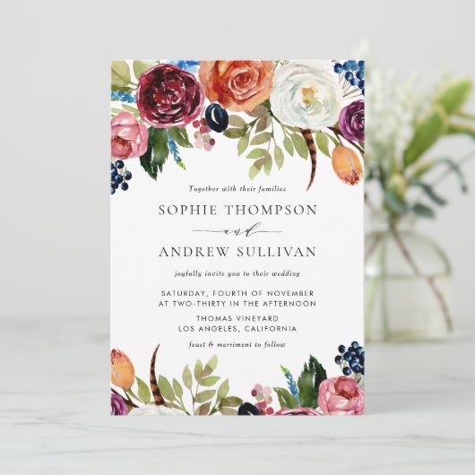 Boho Waterverf Autumn Blooms Weddenschap Kaart (Staand voorkant)