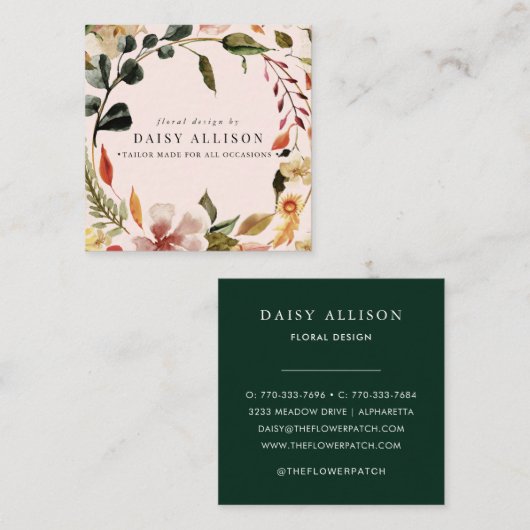 Boho Waterverf Autumn Florals Vierkante Visitekaartje (Voorkant / Achterkant)